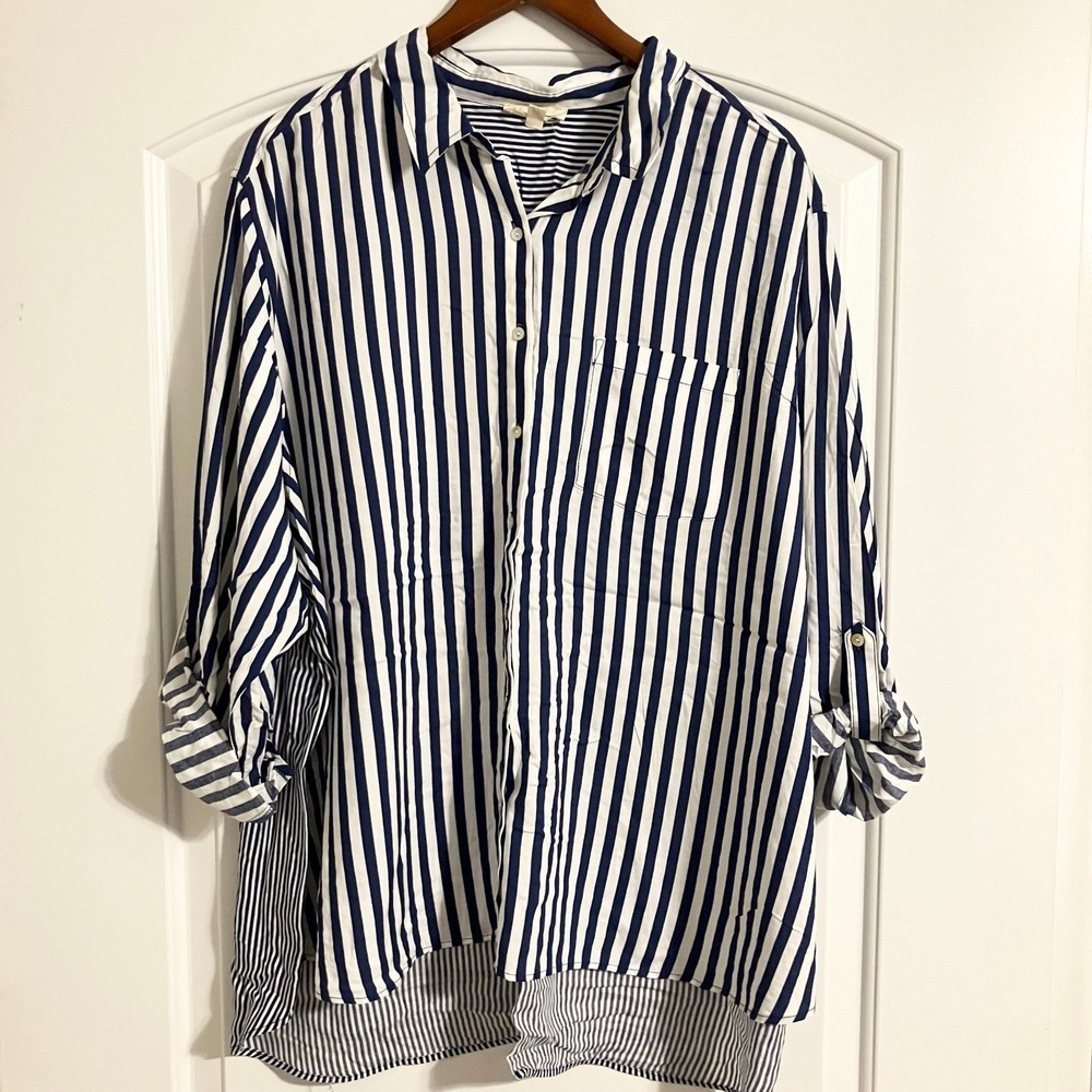 Jane + Delancey Button Down Striped Blouse Shirt Button Back Coastal Beachy 3X